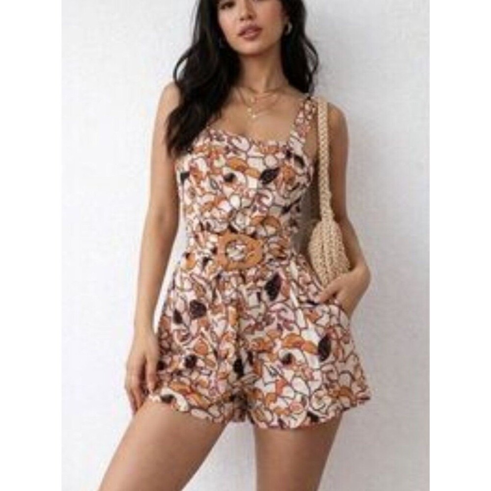 House of Harlow Floral Linen Belted Romper Retro 60s Linen Buckle Size 8